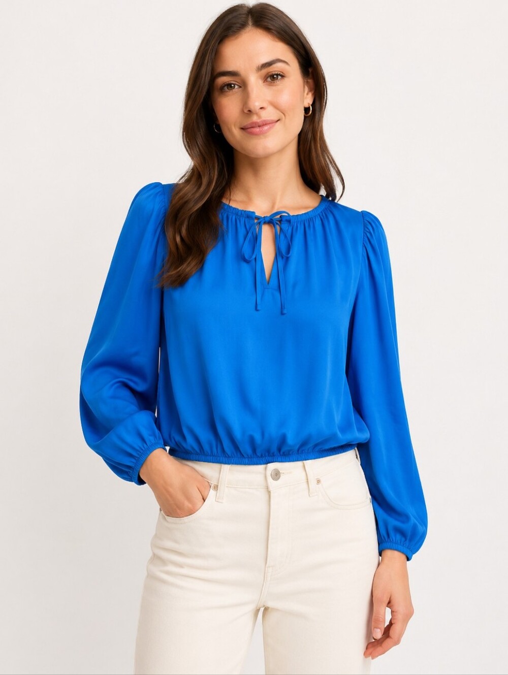 Gianni Bini Blue Linen Blend Puff Sleeve Cropped Tie Front Blouse NWT Medium